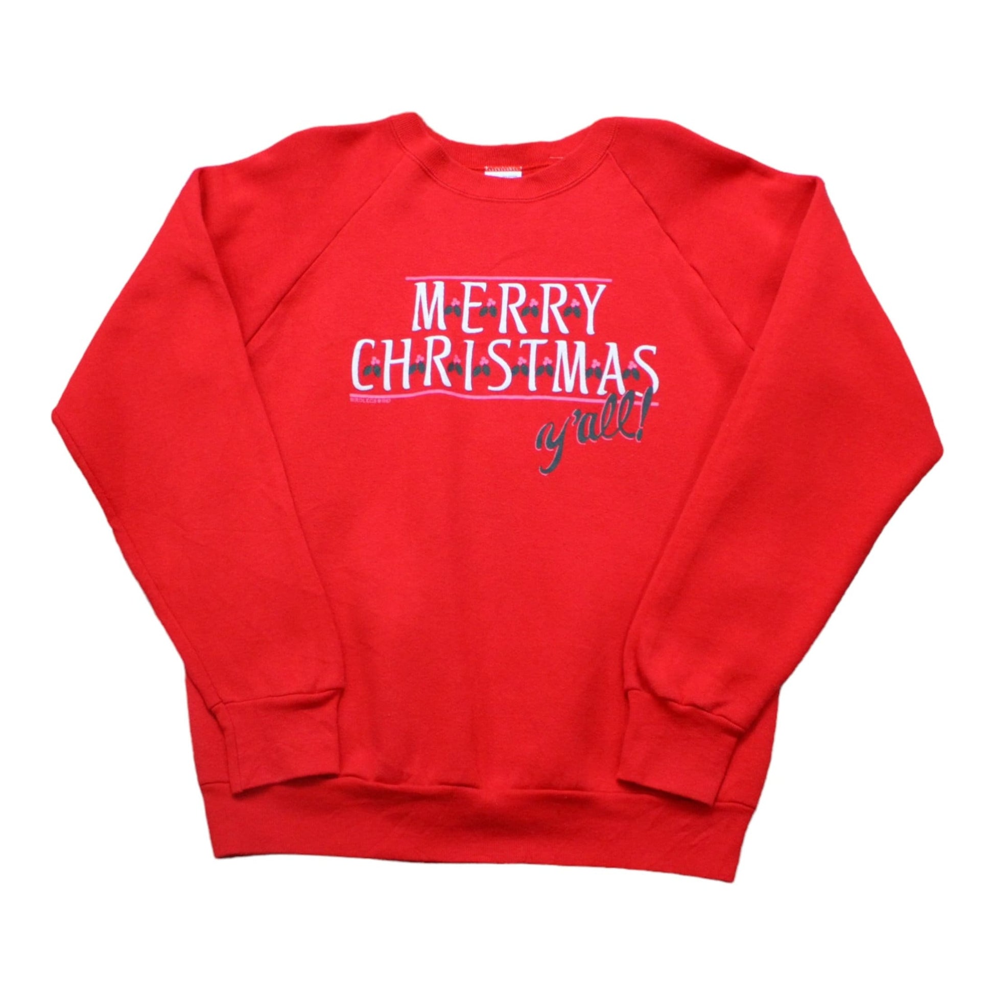 1980s 1987 Fruit of the Loom Merry Christmass Y'all Raglan Sweatshirt Made in USA Size L