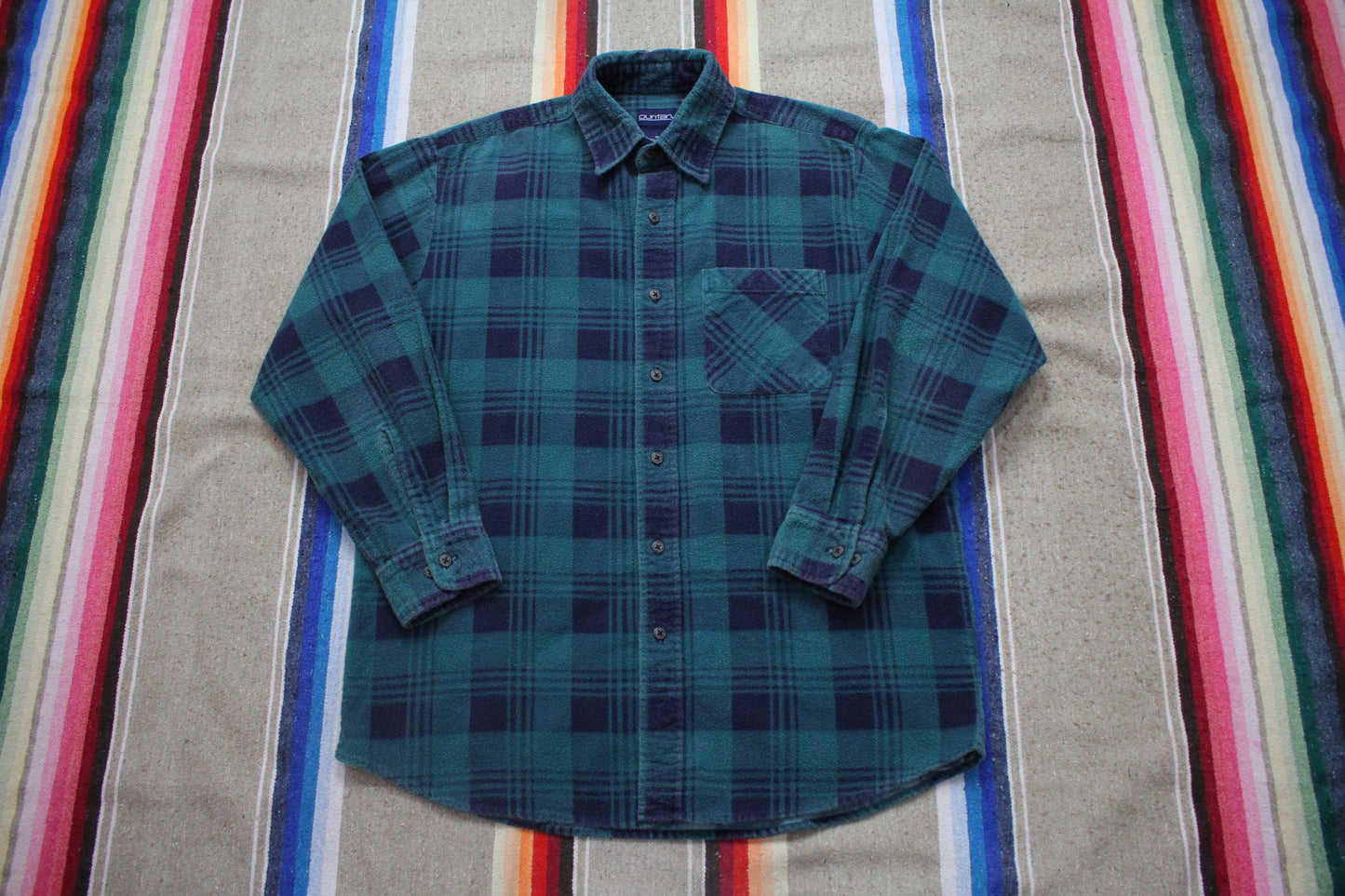 1990s Puritan Blue and Green Plaid Printed Cotton Shirt Size L