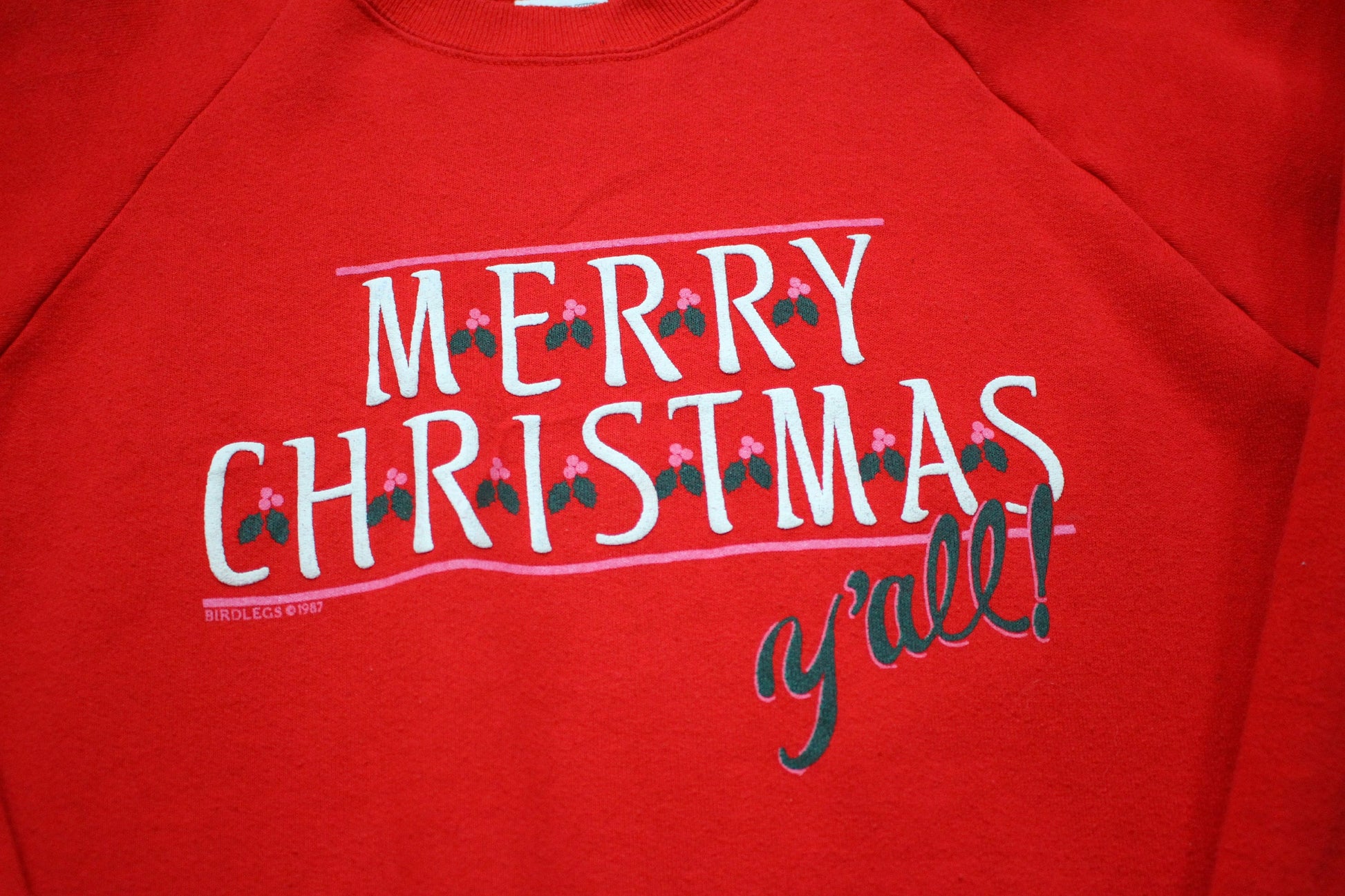 1980s 1987 Fruit of the Loom Merry Christmass Y'all Raglan Sweatshirt Made in USA Size L