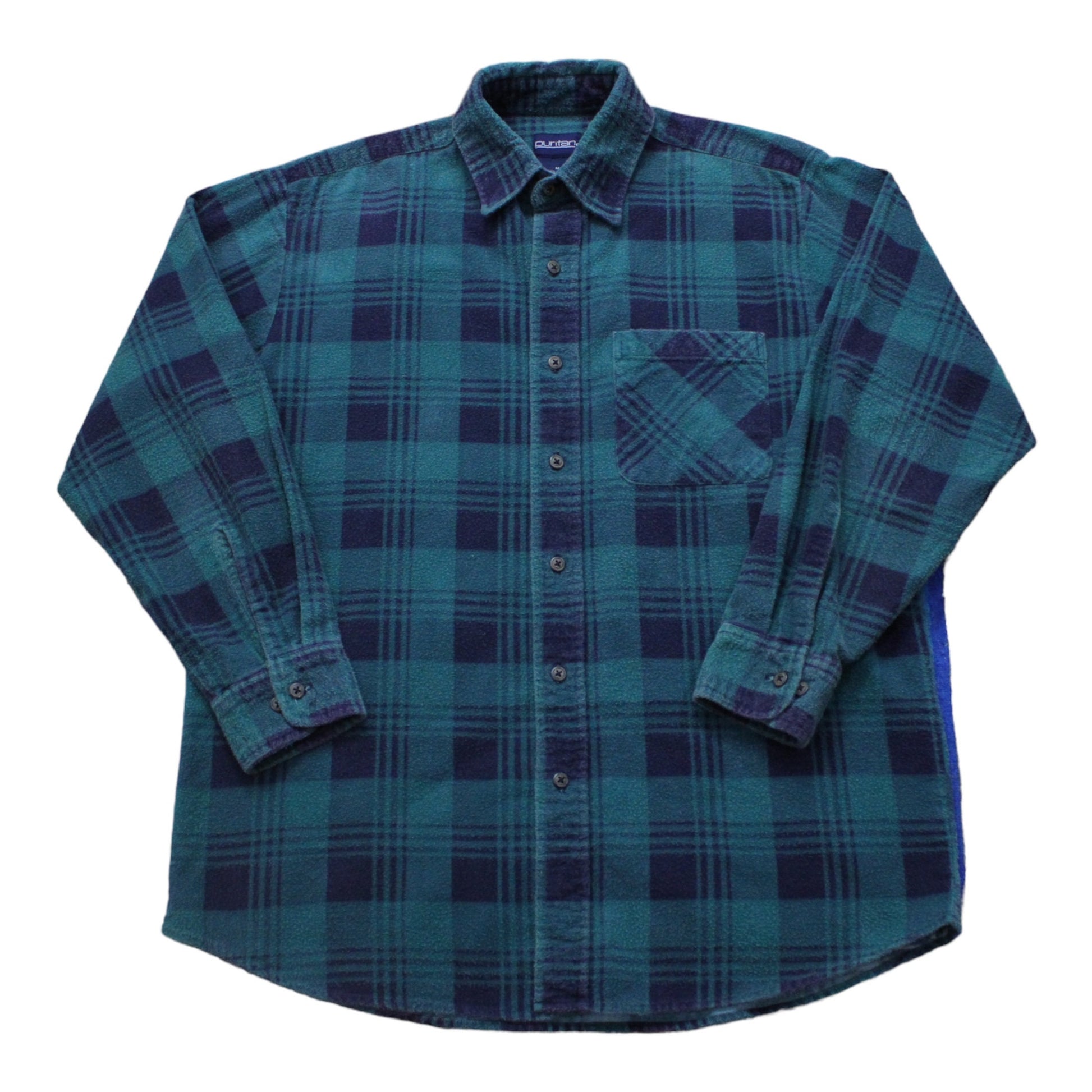 1990s Puritan Blue and Green Plaid Printed Cotton Shirt Size L