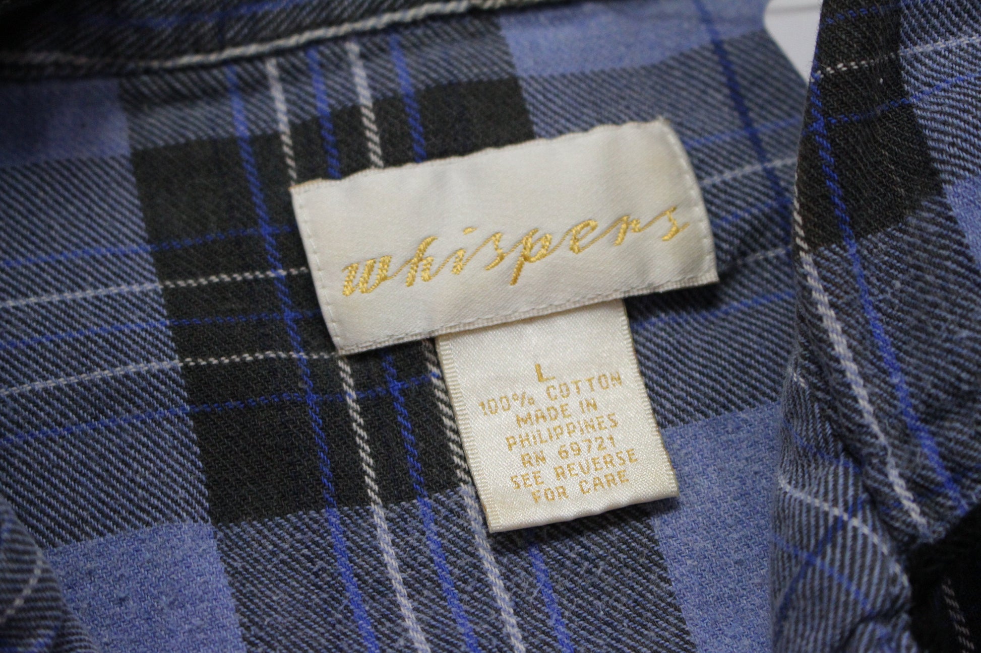 1990s Whispers Blue Plaid Sleep Shirt Size L