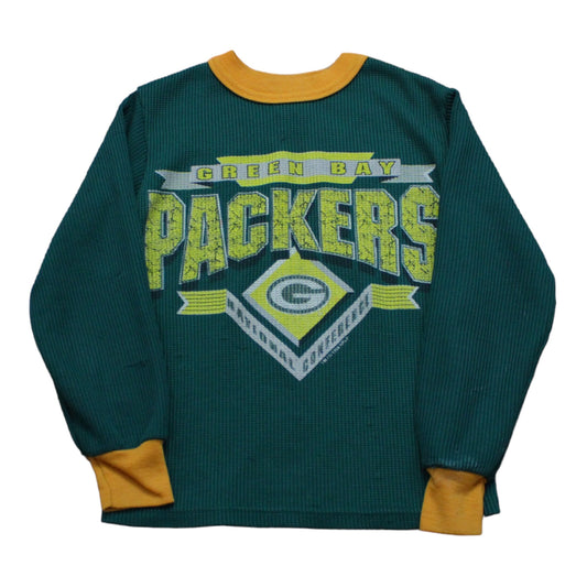 1990s 1995 Wormser Green Bay Packer NFL Kid's Long Sleeve Thermal Shirt