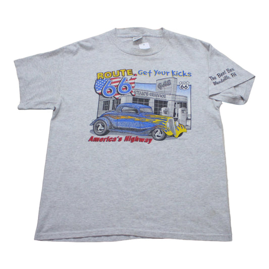1990s Route 66 Get Your Kicks America's Highway Souvenir Hot Rod T-Shirt Made in USA Size M/L