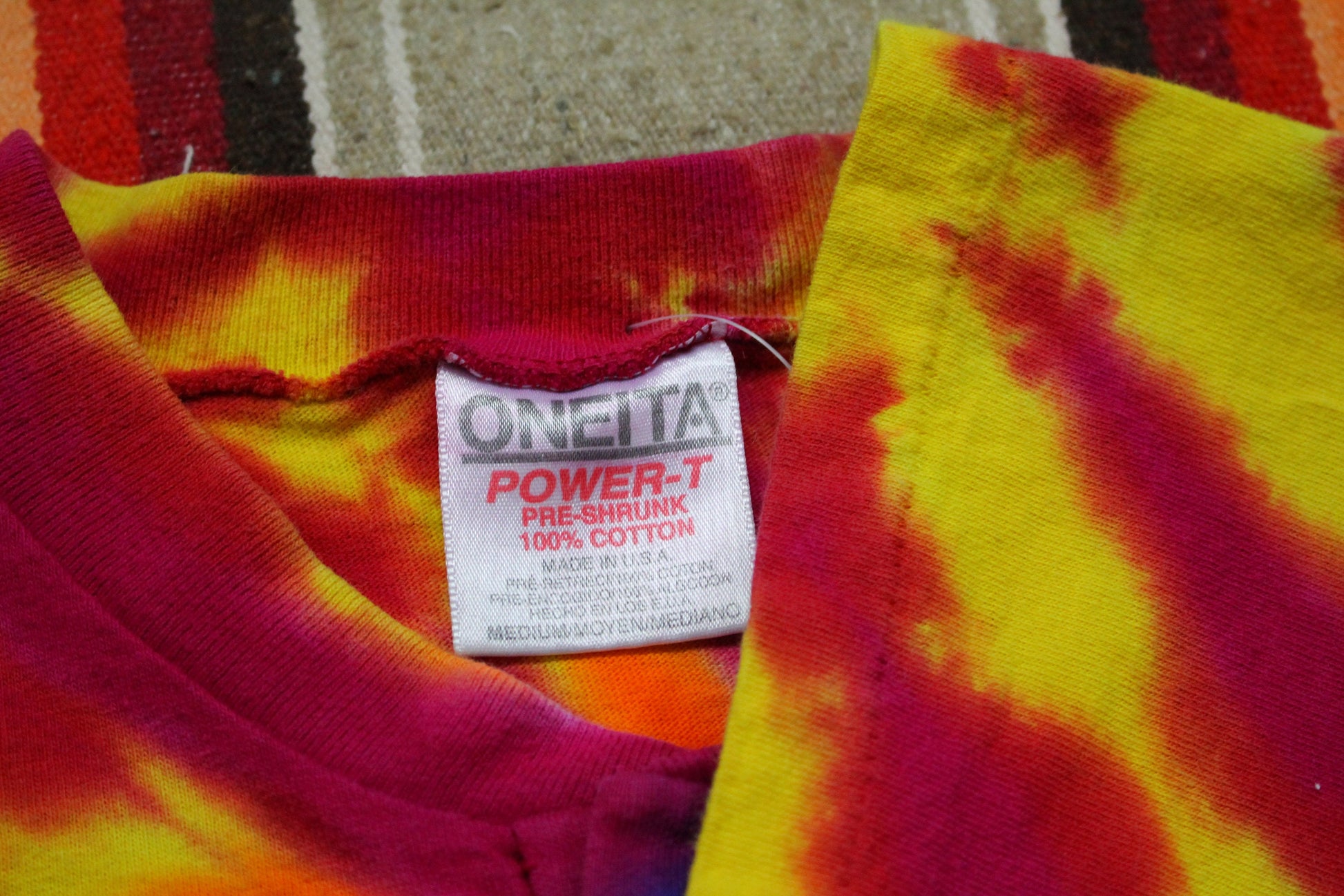 1990s Oneita Power-T Tie Dye Henley T-Shirt Made in USA Size M