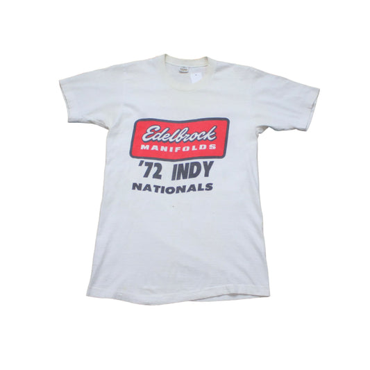 1970s 1972 NHRA Indy Nationals Edelbrock Manifolds Double Sided Print T-Shirt Made in USA Size S