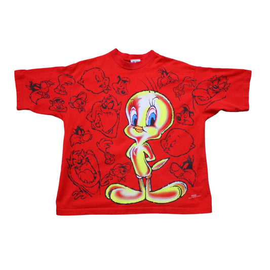1990s 1996 Freeze Looney Tunes Warner Bros Tweety Bird AOP T-Shirt Made in USA Size S