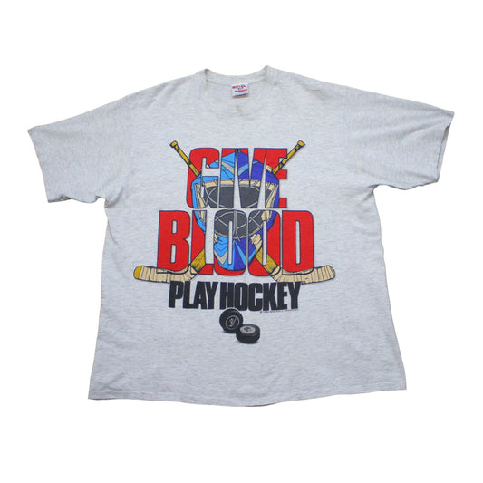 1990s 1993 Big Ball Sports Give Blood Play Hockey T-Shirt Made in Canada Size XL